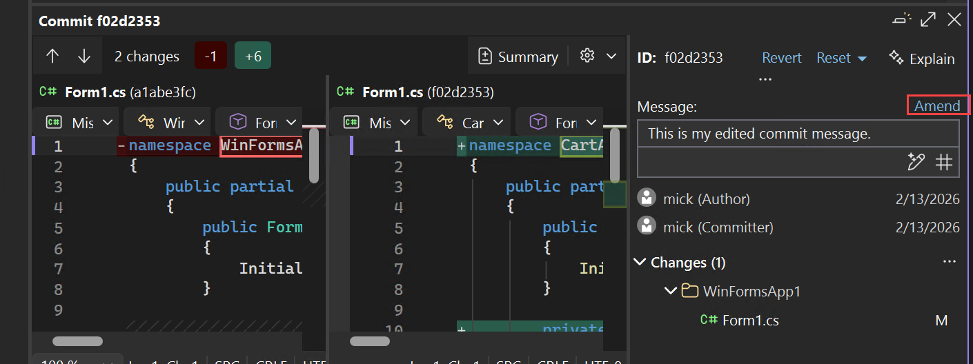 Screenshot del salvataggio di un messaggio modificato selezionando Modifica.