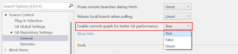 Screenshot che mostra l'opzione 'Abilita il commit graph per una migliore prestazione di Git' per un repository locale.