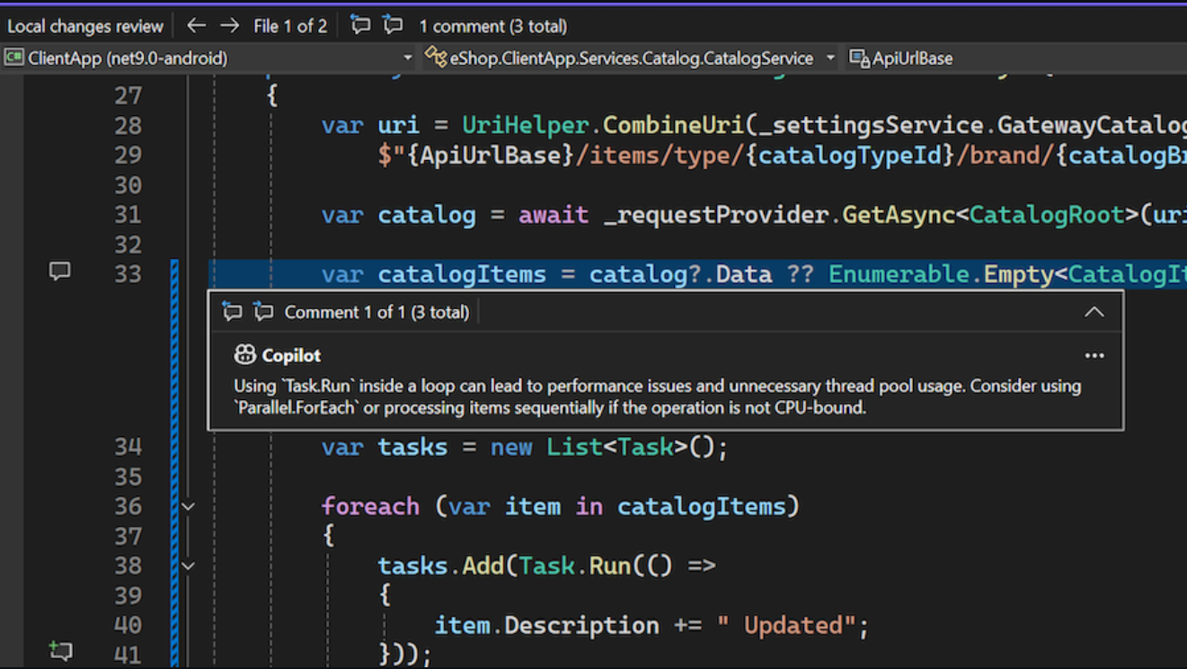 Screenshot che mostra il commento di revisione del codice GitHub.