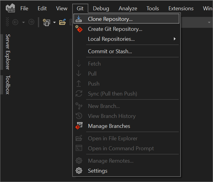 Screenshot dell'opzione Clone Repository completa dal menu Git in Visual Studio.