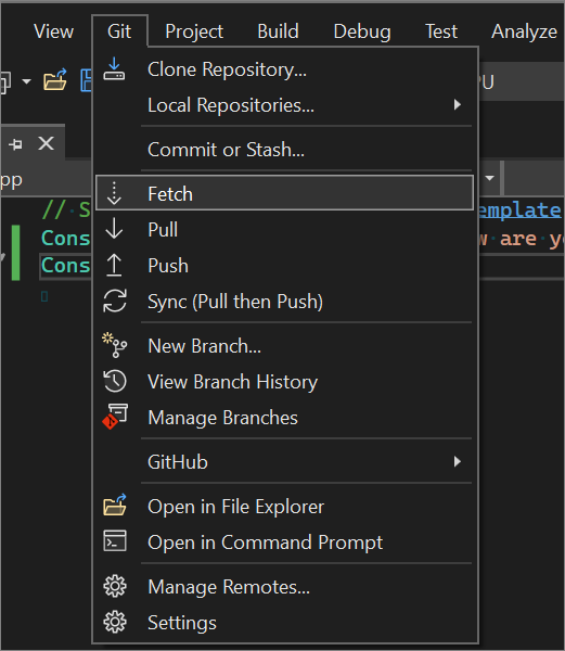 Il menu Git con l'opzione Fetch evidenziata in Visual Studio 2022.