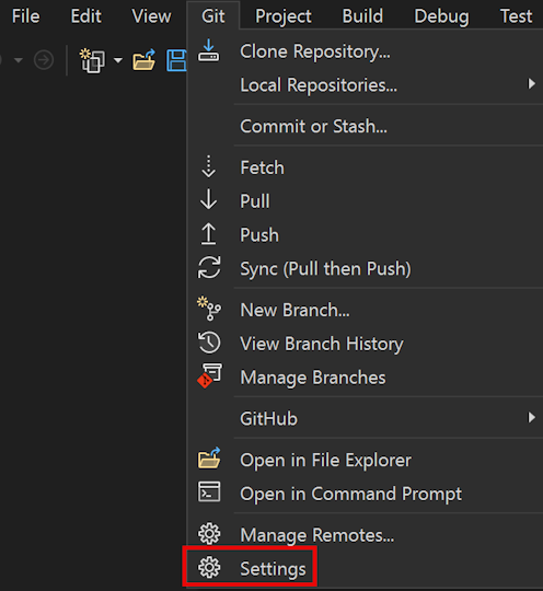 Screenshot del menu Git con l'opzione Impostazioni evidenziata.
