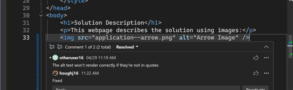 Screenshot che mostra i commenti di pull request.