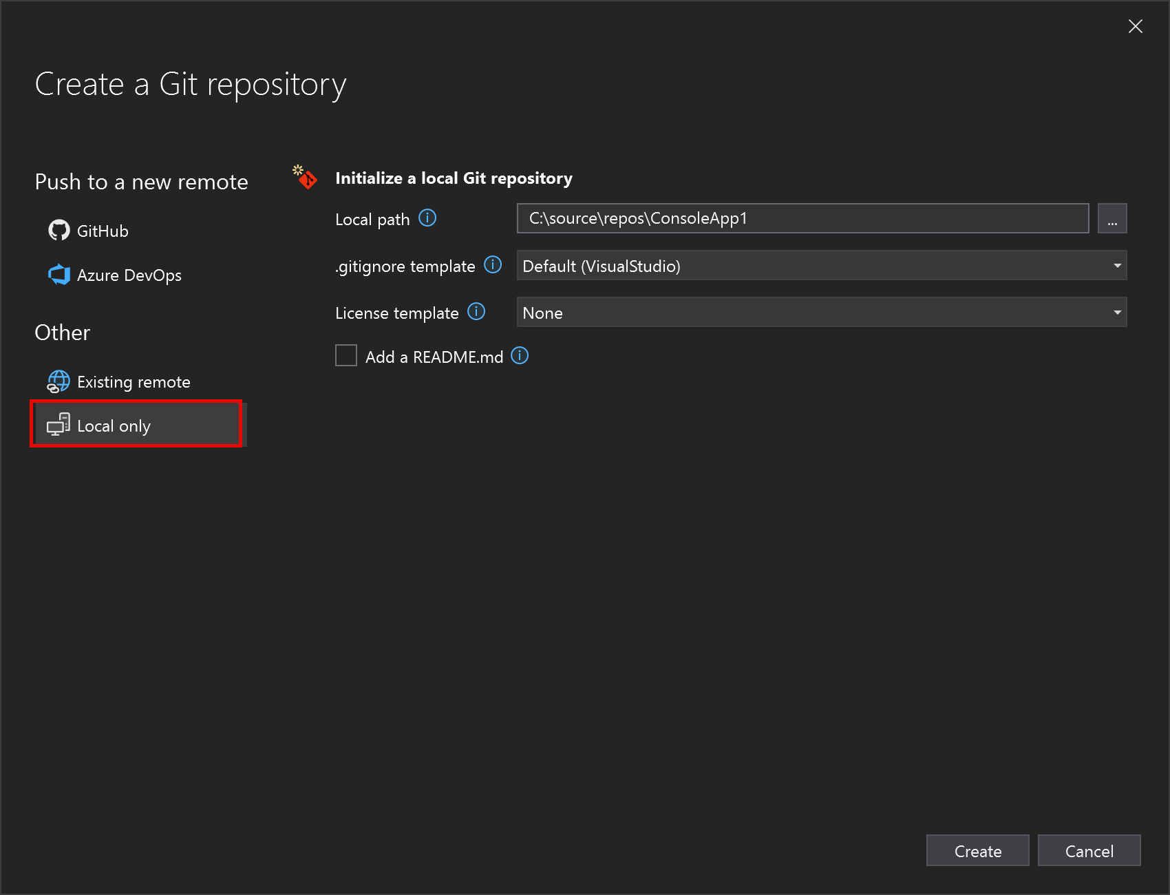 Screenshot della schermata di creazione del repository Git, che mostra l'opzione Solo locale.