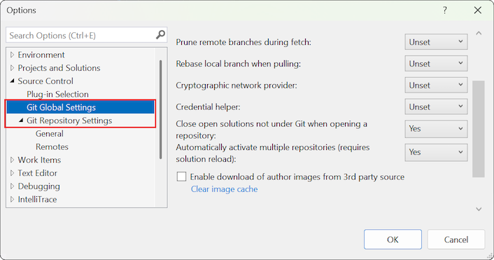 Screenshot della finestra di dialogo Opzioni che mostra le sezioni disponibili in Controllo del codice sorgente.