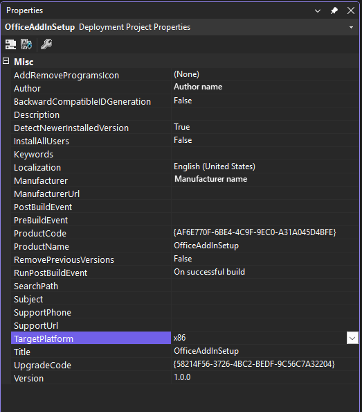 Screenshot della finestra Proprietà che mostra la piattaforma di destinazione per la registrazione di componenti aggiuntivi con Office a 64 bit.