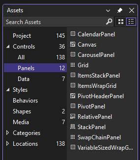 Screenshot che mostra la finestra Assets in Blend per Visual Studio.