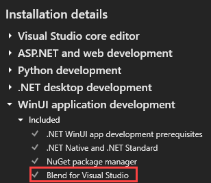 Screenshot che mostra i componenti del carico di lavoro WinUI.