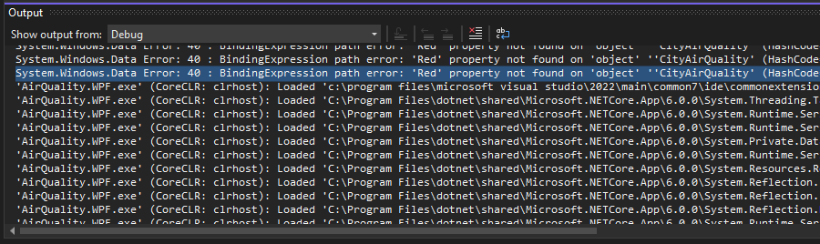 Screenshot della finestra di output contenente un errore di associazione.
