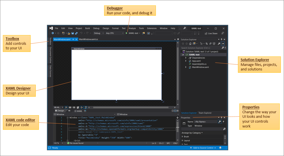 L'IDE di Visual Studio 2019 con un progetto WPF aperto in XAML