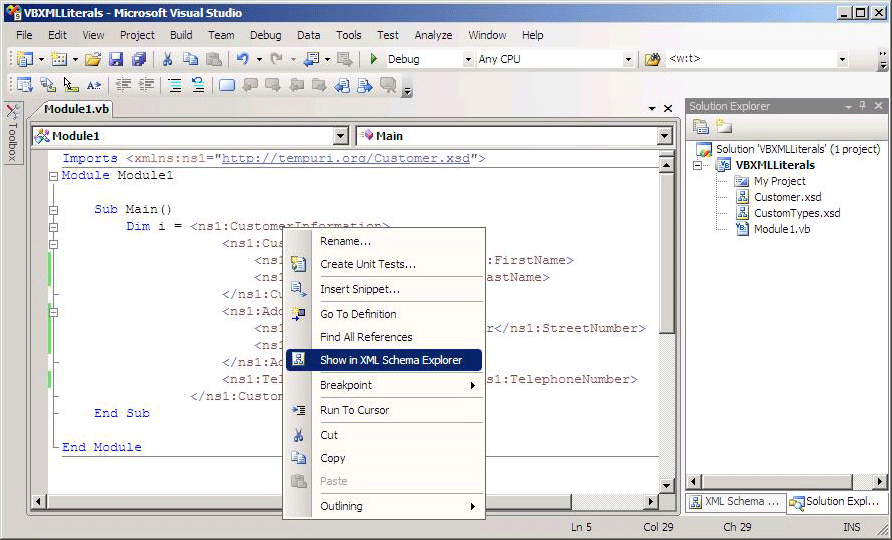 Screenshot di una finestra del progetto Visual Basic che mostra un menu di scelta rapida su un nodo XML con il comando Shot in Schema Explorer evidenziato.