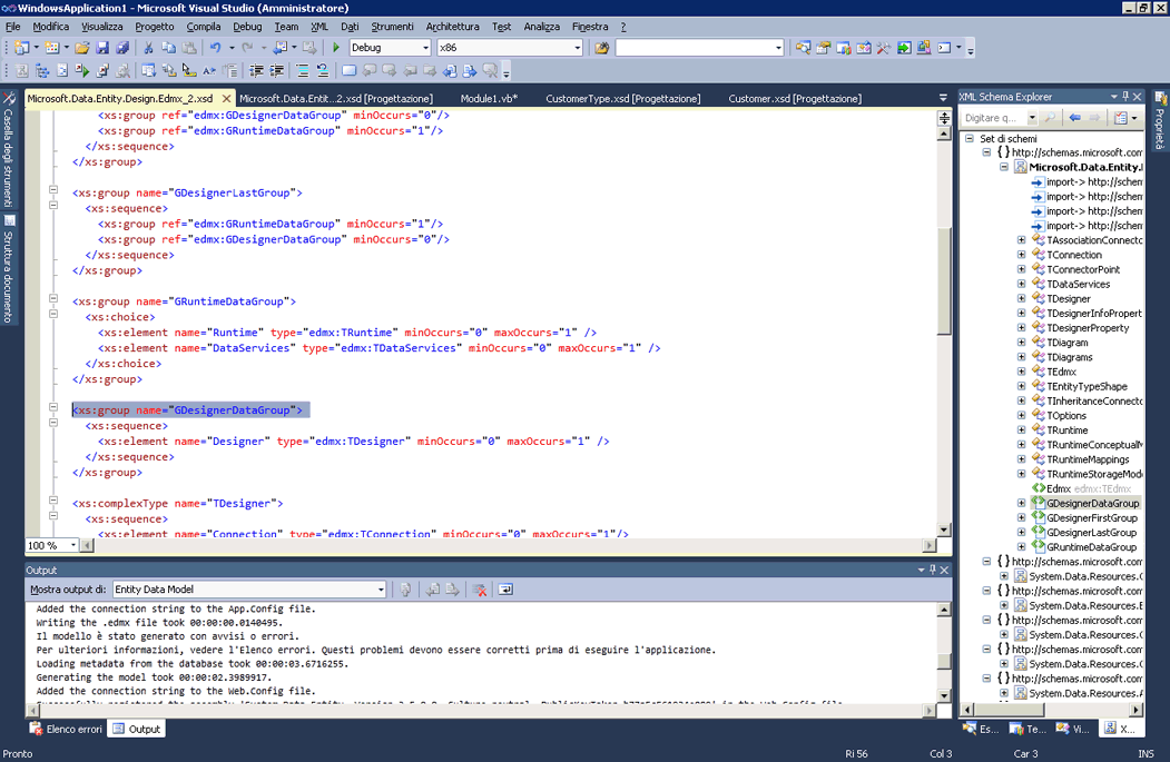 Screenshot di una finestra del progetto Visual Basic che mostra che XML Schema Explorer e Esplora soluzioni sono aperti nel riquadro destro.
