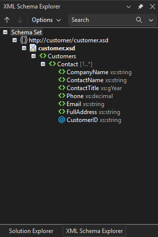 Screenshot che mostra la struttura ad albero in XML Schema Explorer.