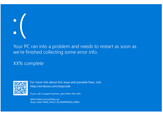 Screenshot di una schermata di Windows 10 che mostra un controllo dei bug con un codice a matrice.