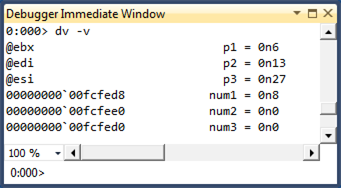 Screenshot dell'output del comando che mostra le locazioni dei parametri e delle variabili locali utilizzando il comando dv -v.