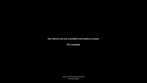 Screenshot che mostra che il dispositivo ha riscontrato un problema e deve essere riavviato.
