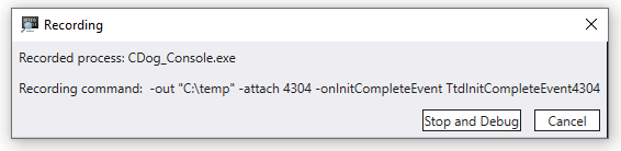 Screenshot del popup di registrazione TTD con le opzioni Arresta, Debug e Annulla.