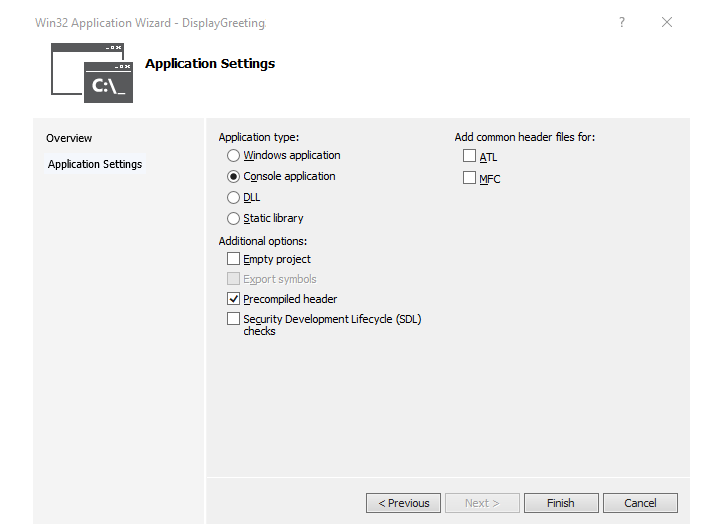 Impostazioni della Creazione guidata per applicazioni Win32 in Visual Studio.