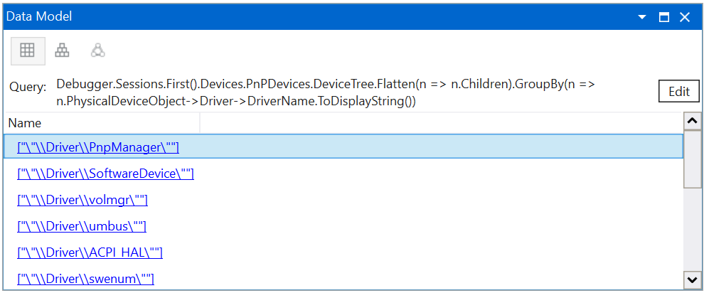 Screenshot della finestra Modello di dati che presenta un albero dei dispositivi plug-and-play nella visualizzazione griglia in WinDbg.