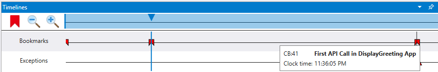 Screenshot della sequenza temporale di WinDbg con tre segnalibri e un tooltip che visualizza il nome del segnalibro.