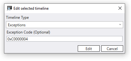 Screenshot di una finestra di dialogo di eccezione del debugger della sequenza temporale, con il Tipo della Sequenza Temporale impostato su Eccezioni e il Codice Eccezione impostato su 0xC0000004.