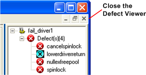 Screenshot che illustra come chiudere il Visualizzatore difetti per una regola in Static Driver Verifier.