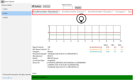 Screenshot della modalità di visualizzazione SensorExplorer.