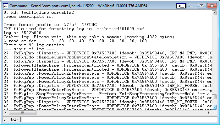 Screenshot dell'output dell'estensione !wdflogdump nella finestra del comando WinDbg.