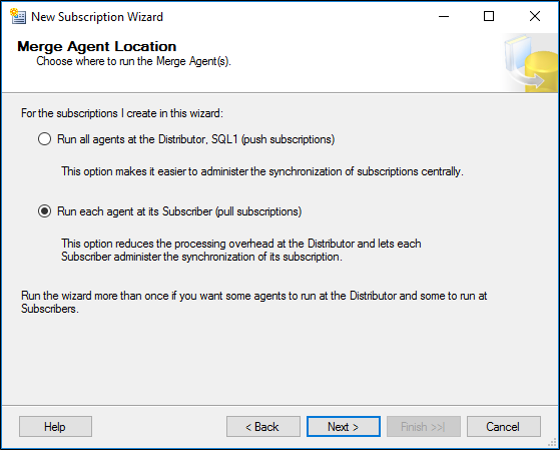 Screenshot che mostra l'opzione Esegui ciascun agente nel relativo Sottoscrittore (sottoscrizioni pull).
