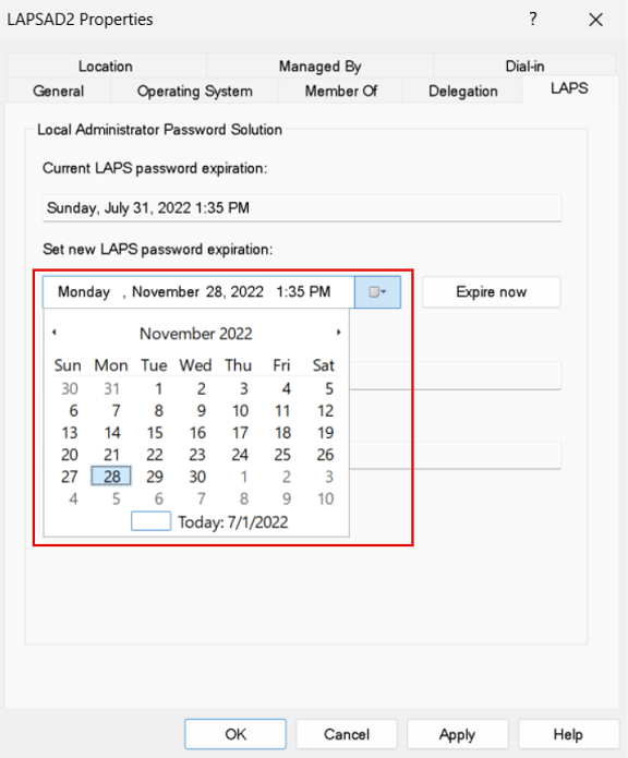 Screenshot che mostra una modifica della scadenza della password nella finestra di dialogo delle proprietà di Windows LAPS nello snap-in Utenti e computer di Windows Server Active Directory.