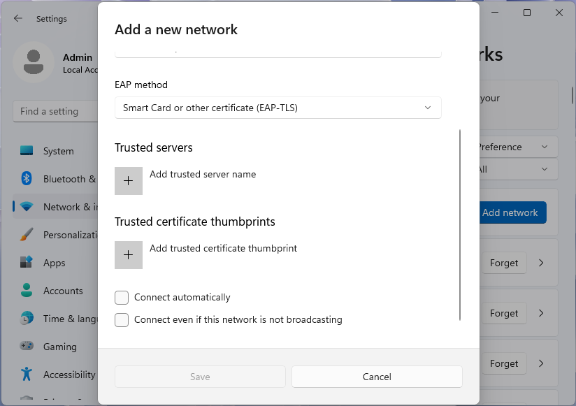 screenshot della finestra di dialogo Aggiungi una nuova rete, che mostra WPA3-Enterprise e EAP-TLS, nell'app Impostazioni di Windows 11.