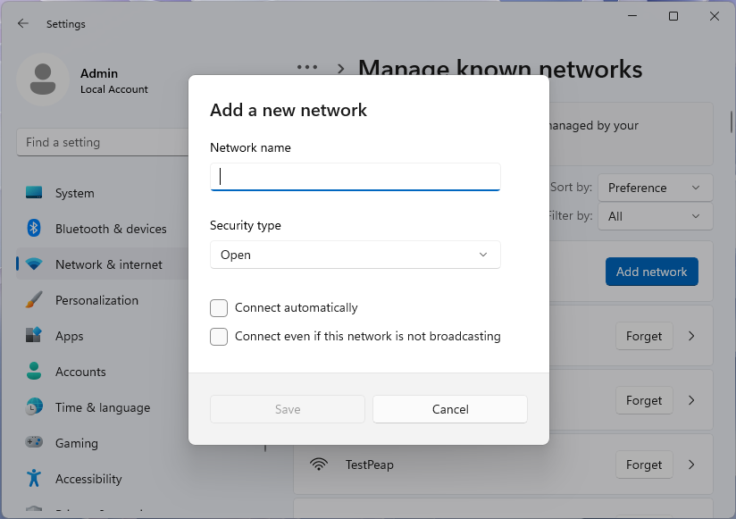 Screenshot della finestra di dialogo Aggiungi una nuova rete nell'app Impostazioni di Windows 11.