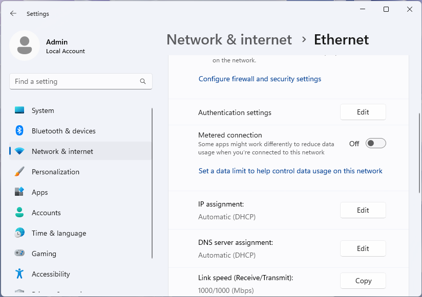 screenshot della pagina Ethernet dell'app Impostazioni di Windows 11.