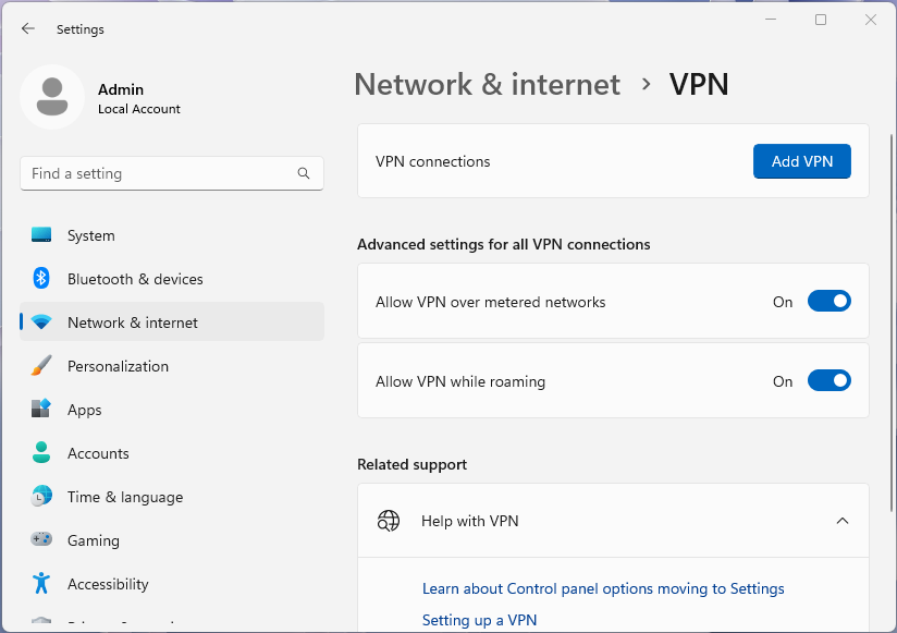 Screenshot della pagina VPN dell'app Impostazioni di Windows 11.