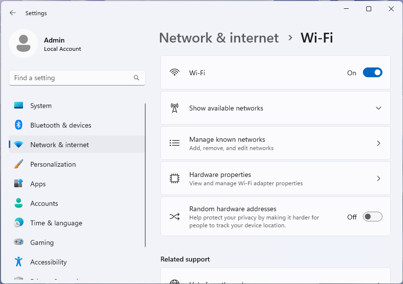 Screenshot della pagina Wi-Fi dell'app Impostazioni di Windows 11.