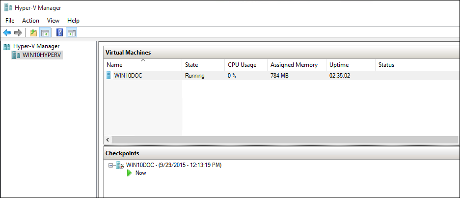 Screenshot del checkpoint creato nella console di gestione di Hyper V