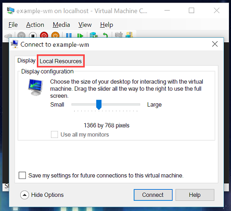 Screenshot della finestra di dialogo di connessione. La scheda Risorse locali è evidenziata.