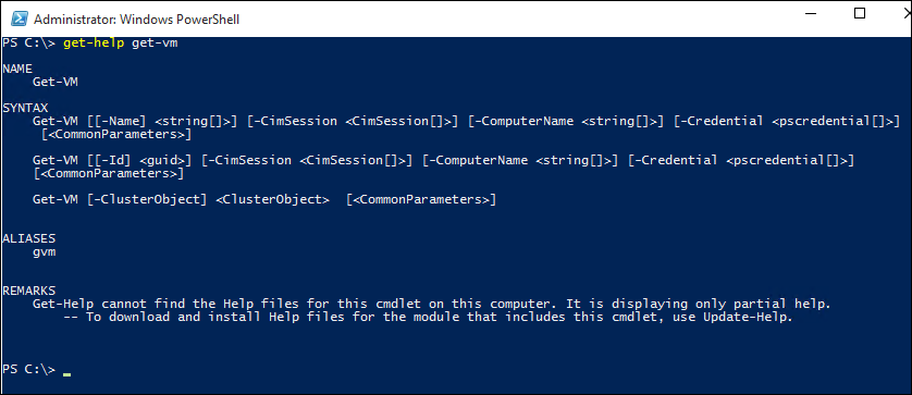 Screenshot della schermata Amministratore di Windows Power Shell, che mostra l'output di come strutturare i comandi.