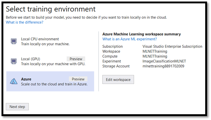 Ambiente di training ML.NET