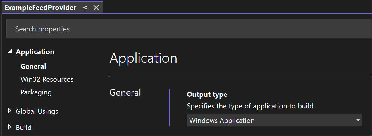 Screenshot che mostra le proprietà del progetto provider di feed C# con il tipo di output impostato su Applicazione Windows