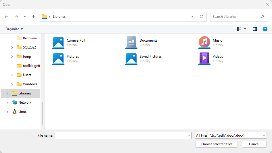 Screenshot di un selettore file aperto con un filtro selezionato per visualizzare i file .txt, .pdf, .doc e .docx.