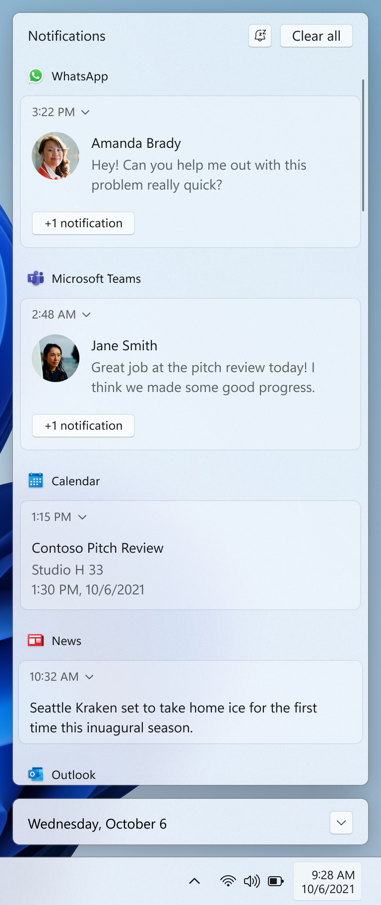 Screenshot ritagliato del desktop che mostra il Centro notifiche con varie notifiche.