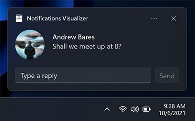 Screenshot di una notifica popup con un'immagine del profilo e alcune righe di testo. Viene inclusa una casella di testo per scrivere direttamente nella notifica, nonché un pulsante per inviare la risposta.