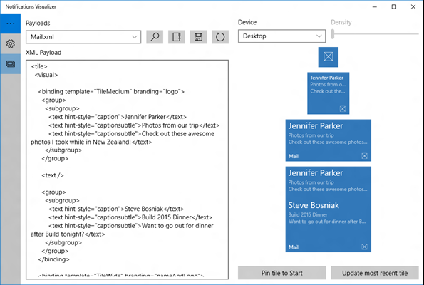 screenshot dell'editor dell'app Visualizzatore di notifiche con codice ed elementi