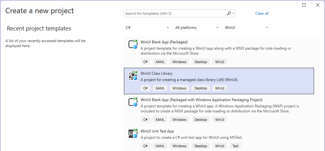 Screenshot della finestra Nuovo progetto con la libreria di classi WinUI evidenziata in Visual Studio.