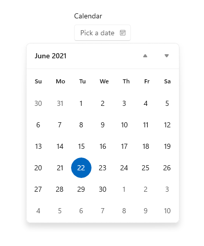 Screenshot di un selettore di data del calendario che mostra una casella di testo vuota per selezionare una data e poi una popolata con un calendario che appare al di sotto.