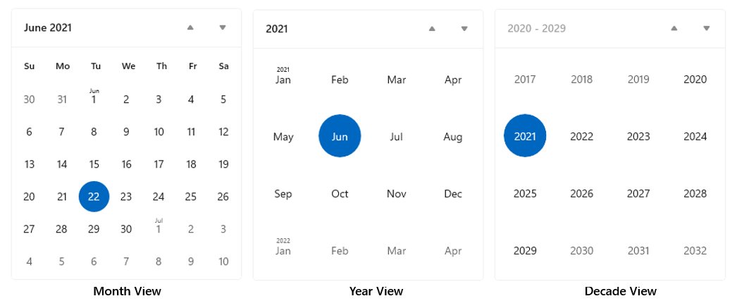 Screenshot di tre visualizzazioni calendario che mostrano una visualizzazione mese, una visualizzazione anno e una visualizzazione decennio.