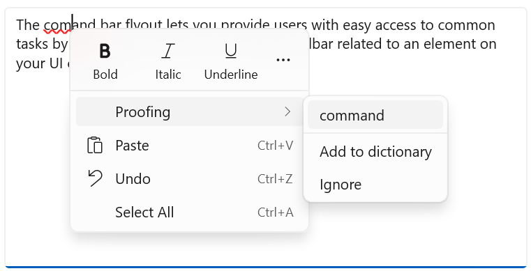 Riquadro a comparsa della barra dei comandi di correzione del testo espanso