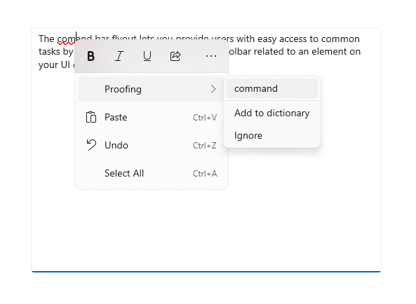 Riquadro a comparsa della barra dei comandi di testo espanso
