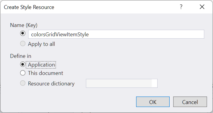 Finestra di dialogo di creazione risorsa stile di Visual Studio